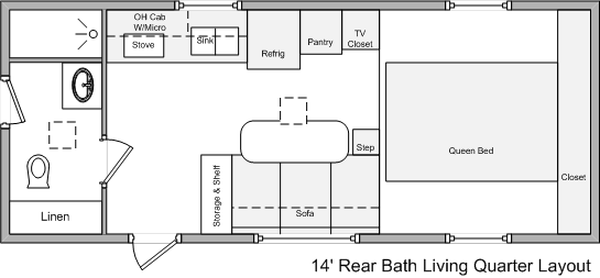 living quarters trailers floor plan for 14' rear bath