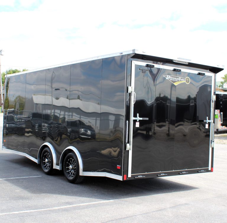 20ft. Black Haulmark Enclosed Car Hauler Rear Roadside View