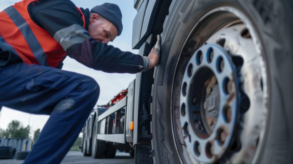 A man inspecting trailer tires