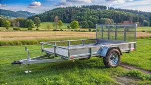 A silver, single-axle utility trailer with a mesh gate sits empty in a grassy field, backed by a picturesque view of rolling hills and a forest