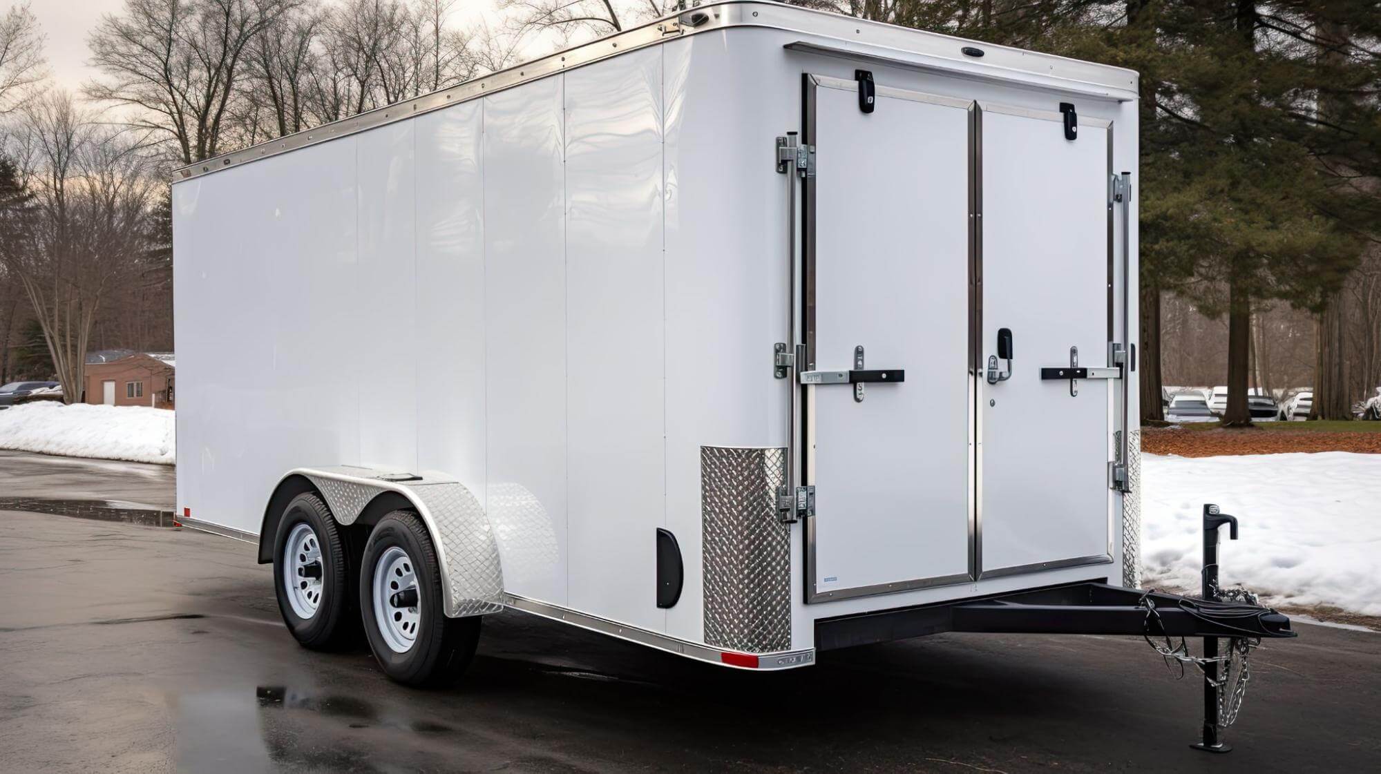 An enclosed trailer parked on a street