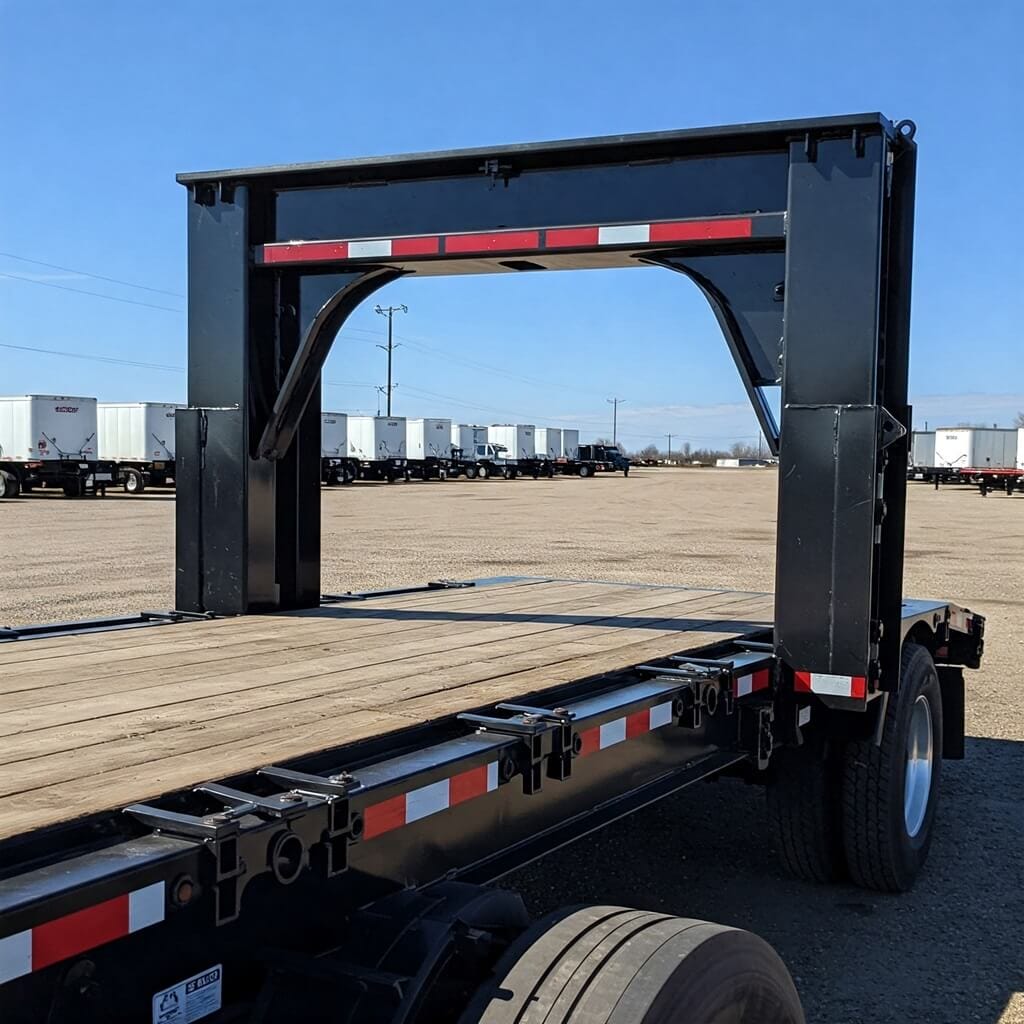  Close-up of a gooseneck trailer with a row of flatbed trailers lined up in the background of blue sky