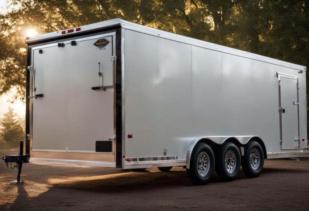 enclosed white trailer in a parking lot