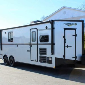 Enclosed Trailers with Living Quarters 2023 28' Nomad Sleeps 6 Front Kitchen  Layout